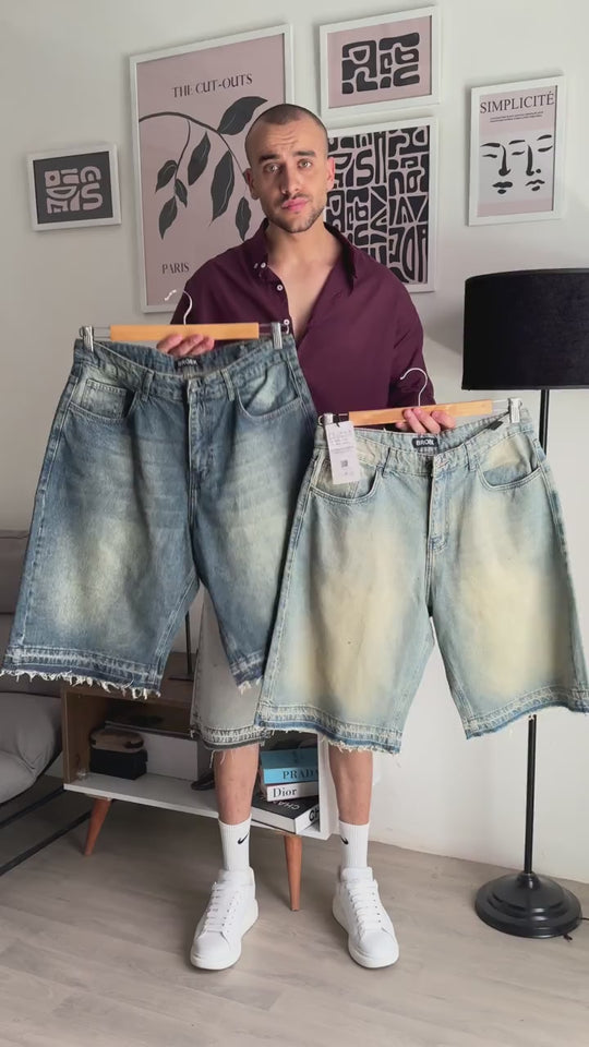 Denim shorts, up close