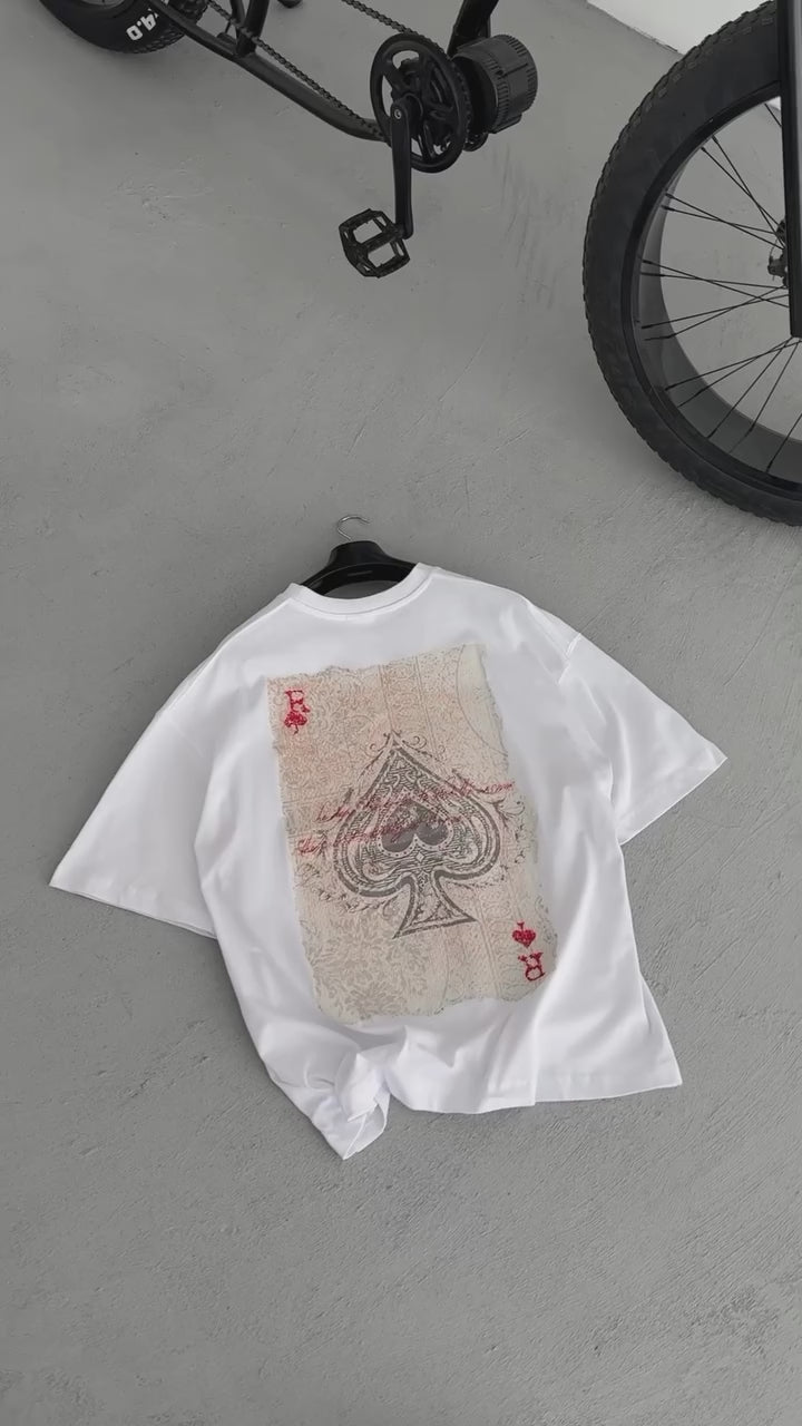 White "R of spades" printed Oversize T-Shirt