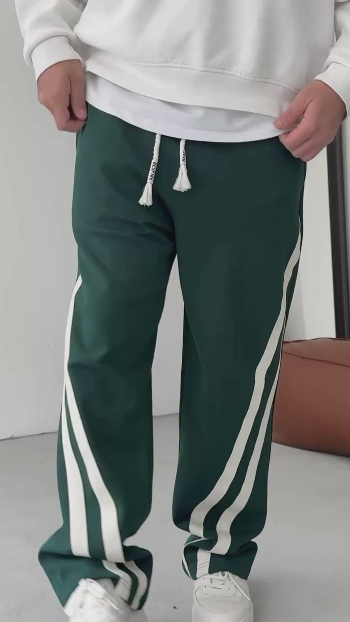 Green Oblique Striped Straight Leg Summer Sweatpants
