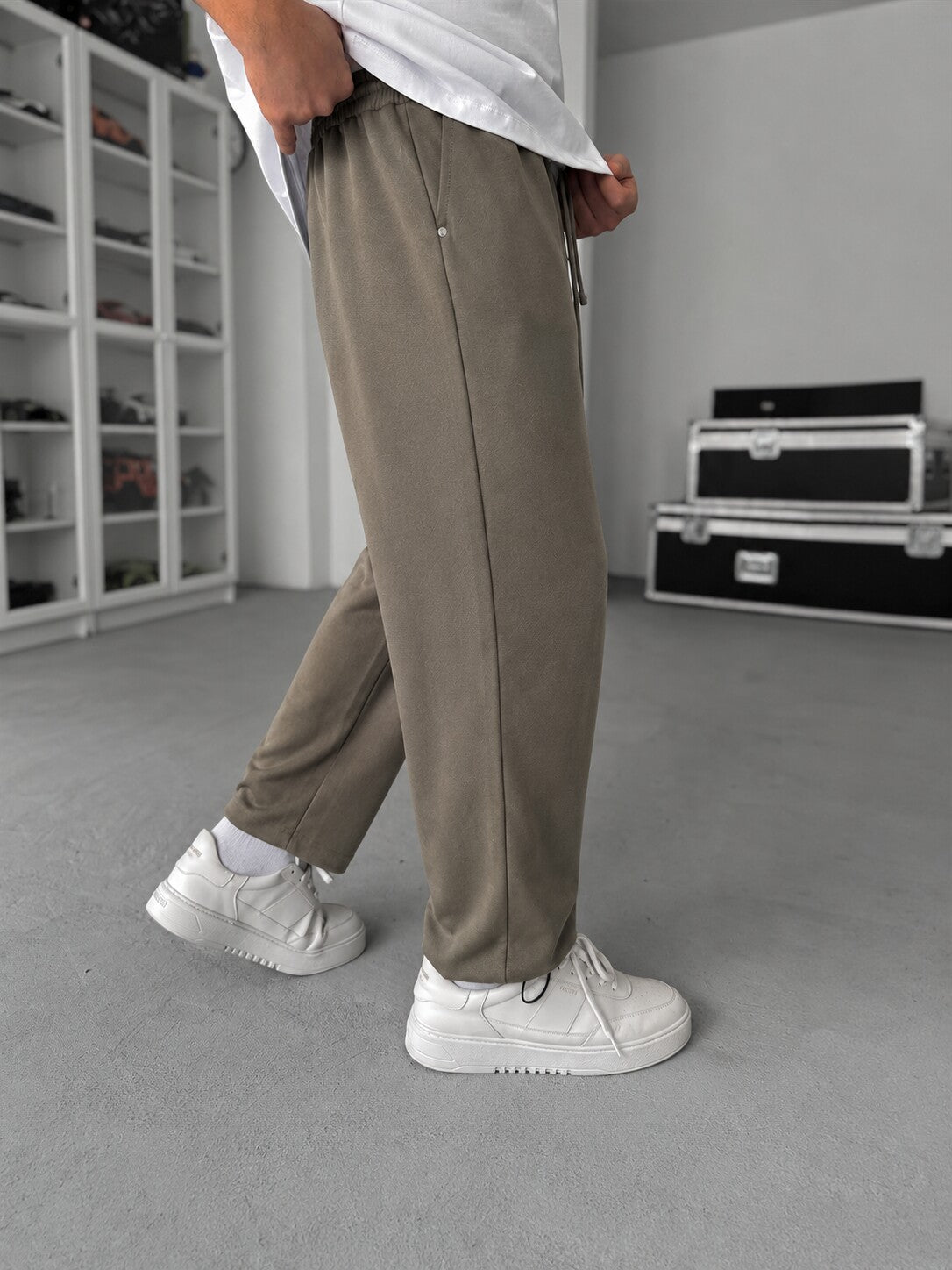 Soft Wide-Leg Pants – Taupe side and back view