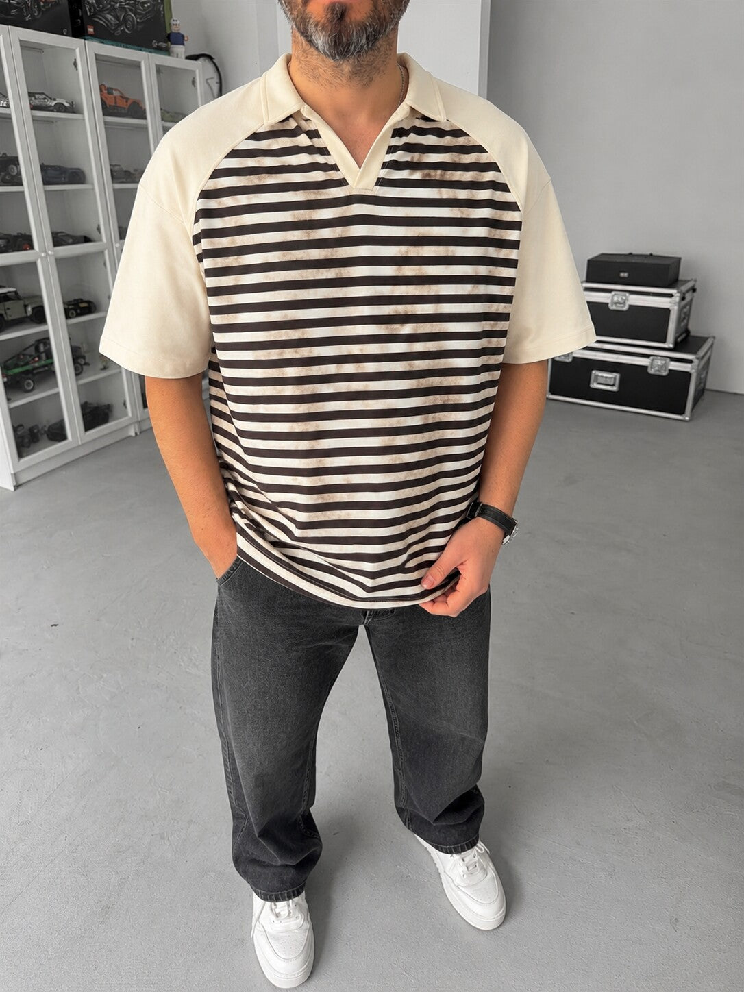 Vintage Striped Polo – Off White front view