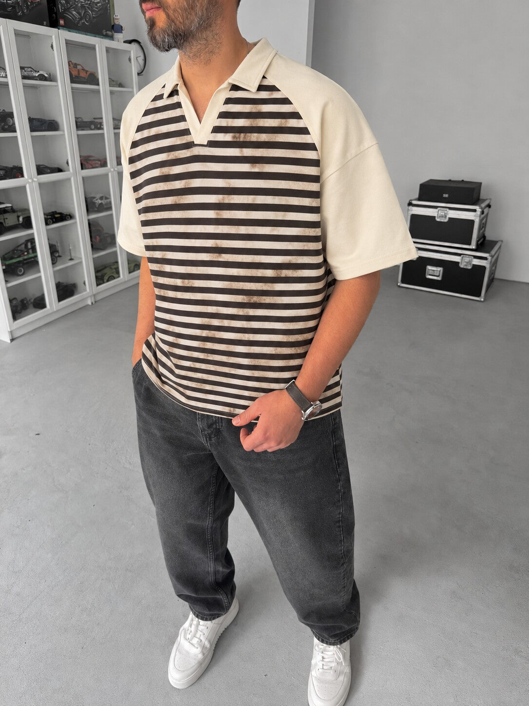 Vintage Striped Polo – Off White front angle