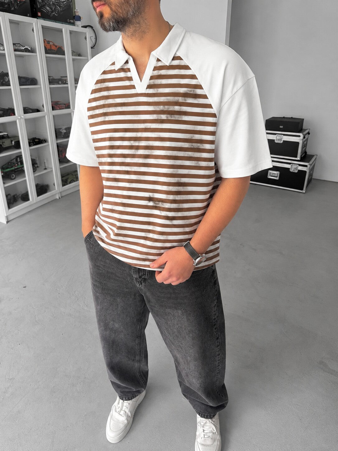 Vintage Striped Polo – White front angle