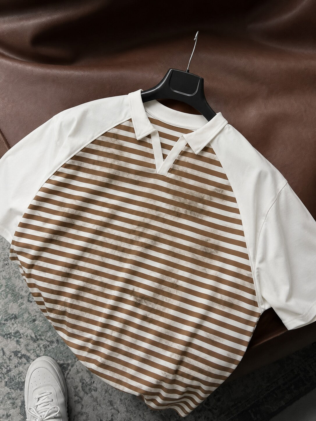 Vintage Striped Polo – White flat lay front