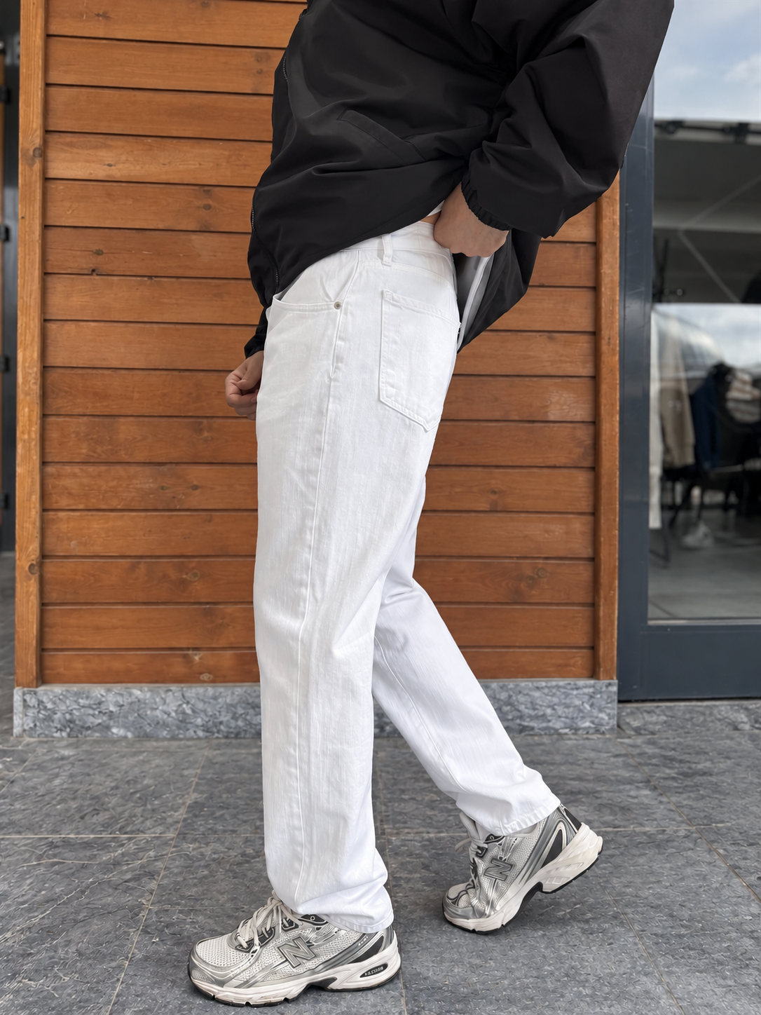 White Relaxed Fit Denim Jeans by BROEK, rear three-quarter view