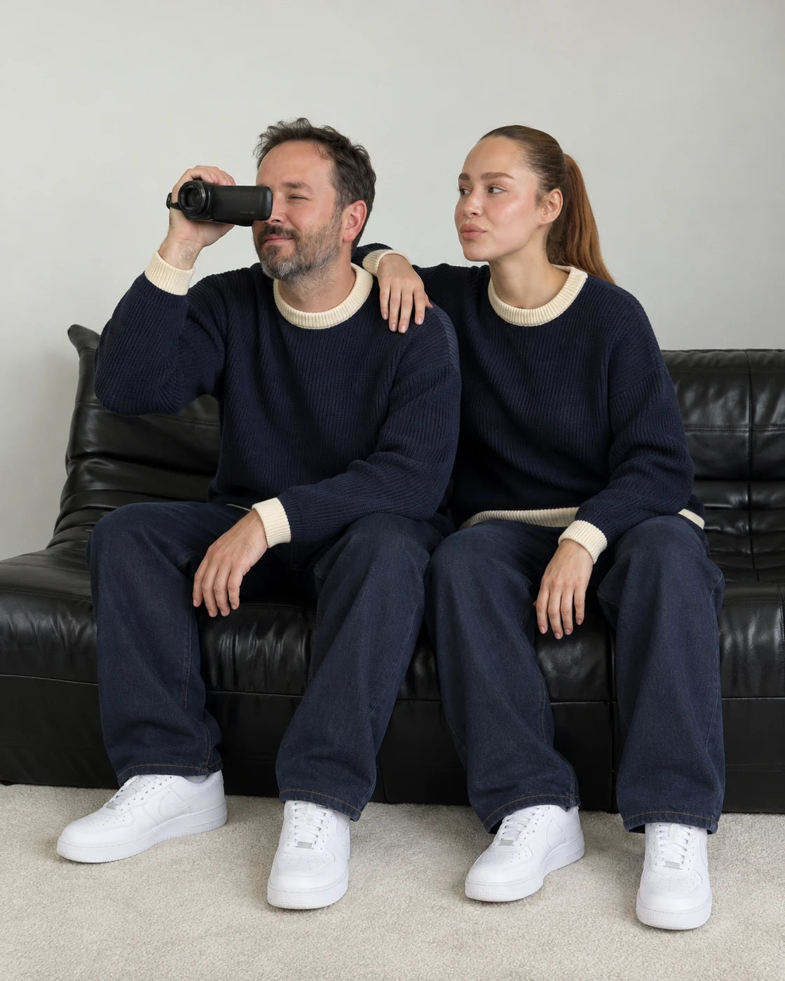 Both BROEK models wearing the navy Contrast Trim Knit Sweater